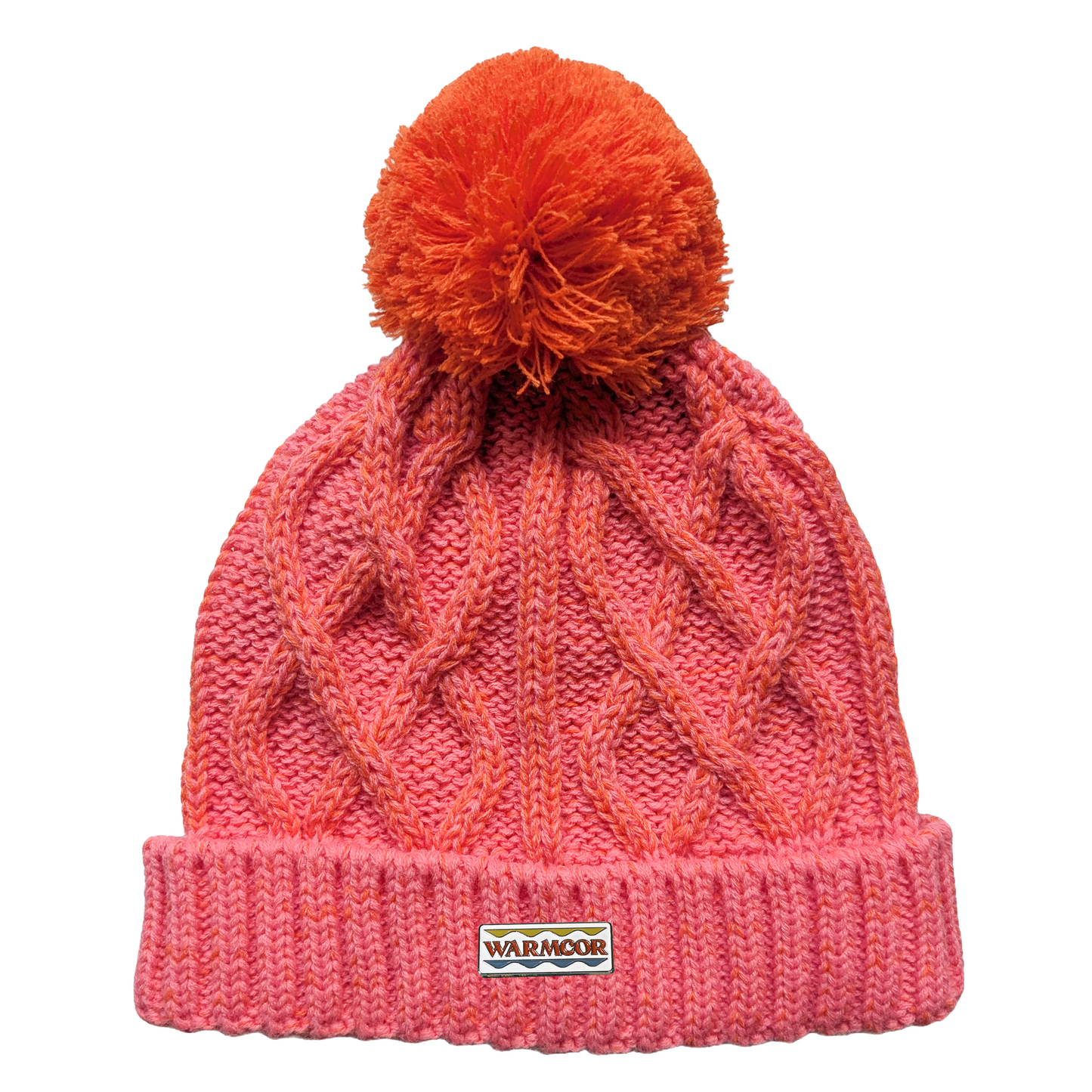 Cable Knit Bobble Hat - Orange & Coral