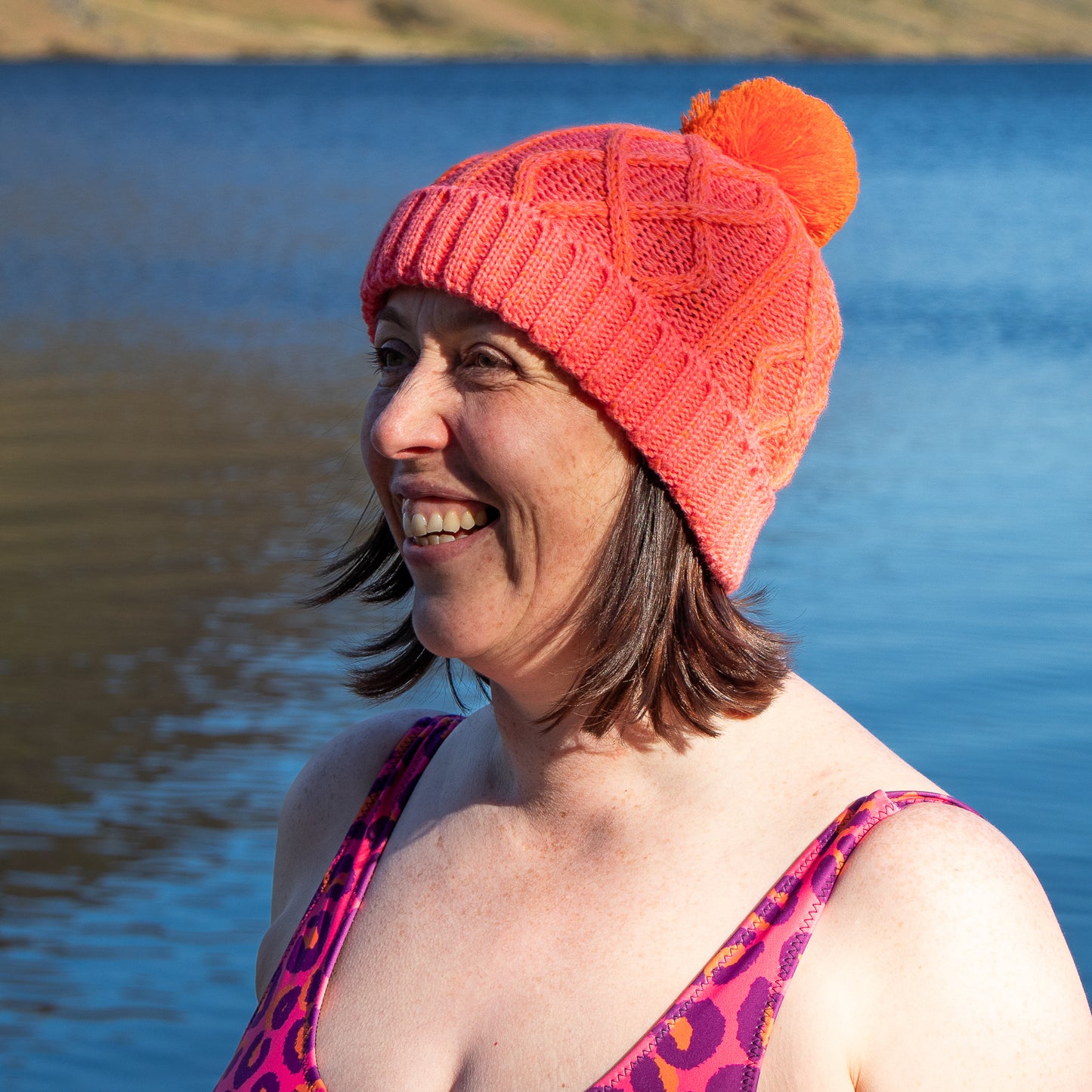 Cable Knit Bobble Hat - Orange & Coral