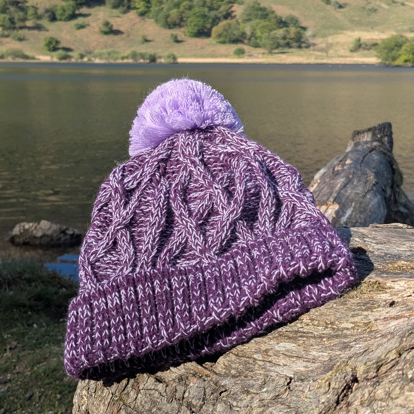 Cable Knit Bobble Hat - Lilac & Plum