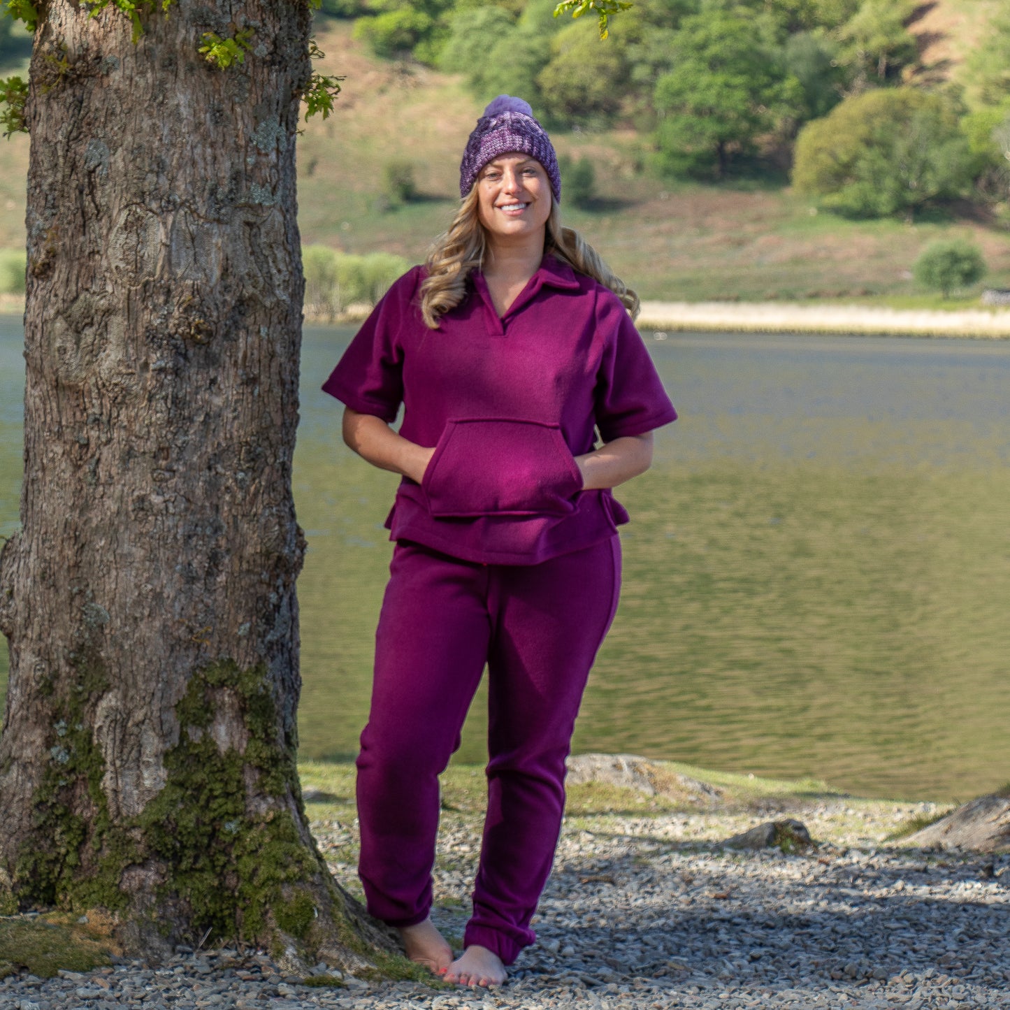Fleece Collared Top Short Sleeved Jumper - Plum