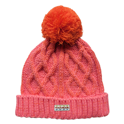 Cable Knit Bobble Hat - Orange & Coral