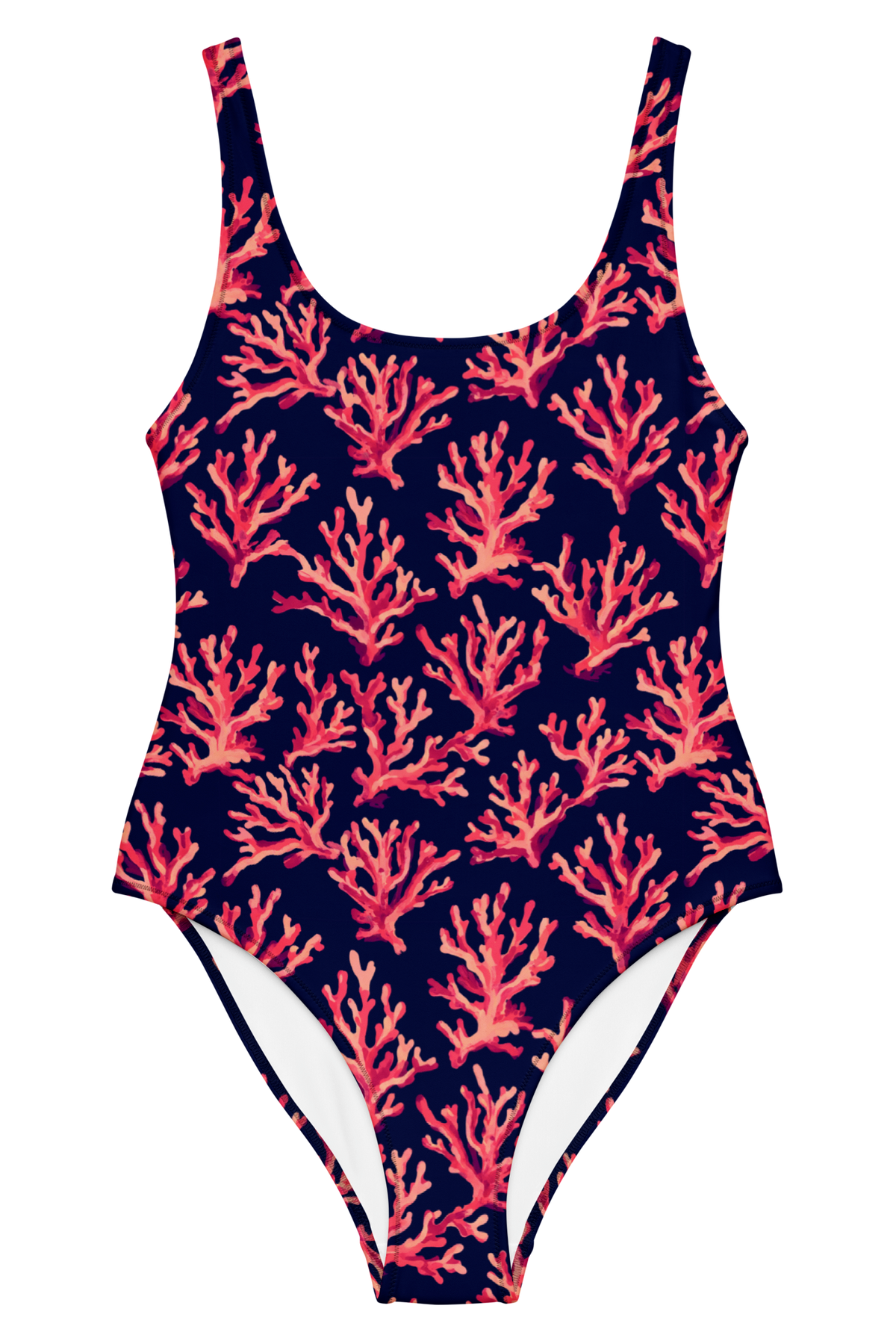 A one-piece swimsuit with a navy blue background and an all-over coral print in shades of pink, red, and orange, shown against a plain white background.