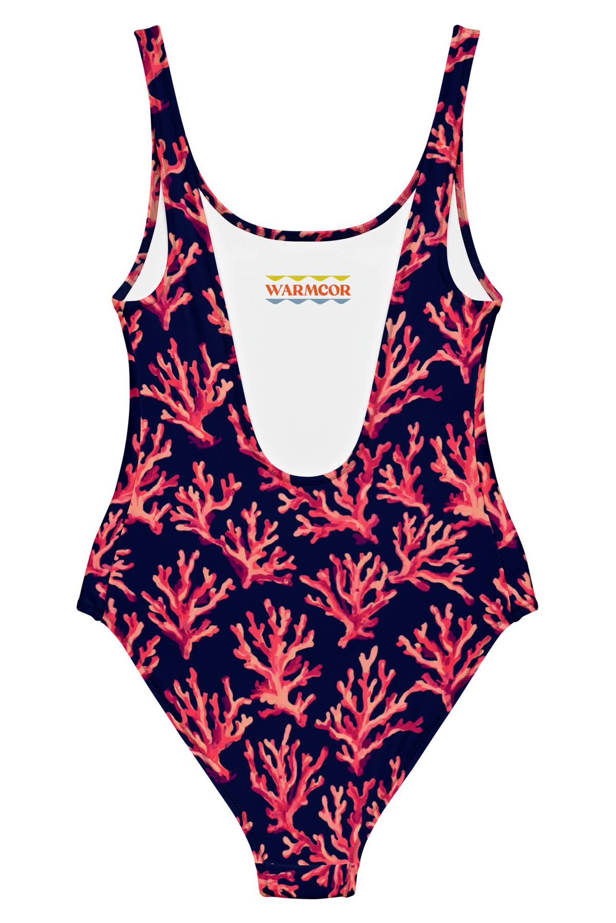 A one-piece swimsuit with a dark navy blue background and a coral pattern in shades of pink and red. The swimsuit features a white scoop neckline and a small 'WARMCOR' logo printed on the chest.